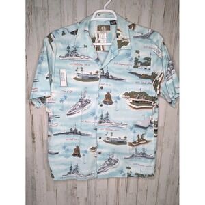Vtg Kalaheo Pearl Harbor Hawaiian Shirt Large Blue Battleship Pacific Fleet WWII